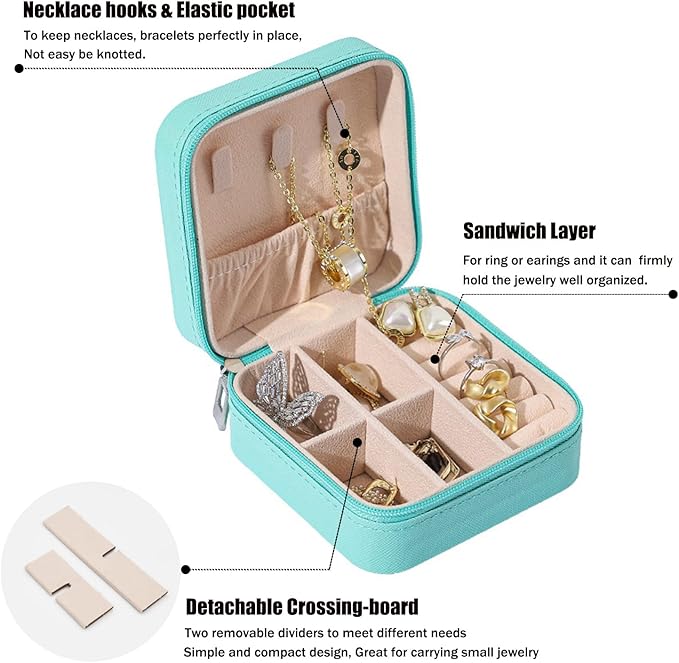 MODENGKONGJIAN Mini Jewelry Travel Case, PU Leather Travel Jewelry Organizer Box, Small Portable Portable Jewellery Storage Holder for Womens Rings Earrings Necklaces Bracelets (Blue)