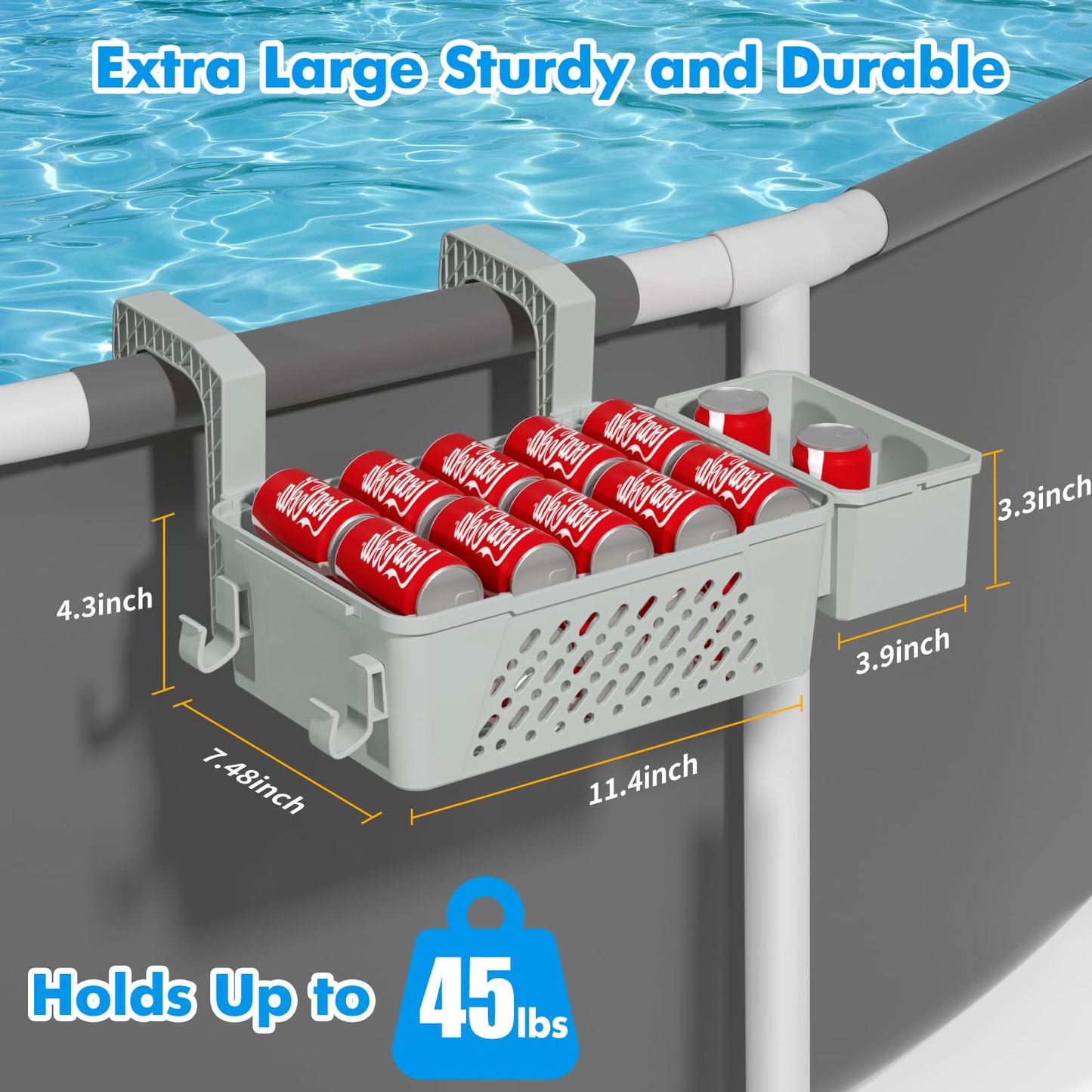 Poolside Storage Basket 2 Pack - Above Ground Pool Accessories, Swimming Pool Storage Baskets with Cup Holders,Fits 3” or Smaller Top Rails,Versatile Organizer for Pool Toys,Towels,Beverages (Grey)