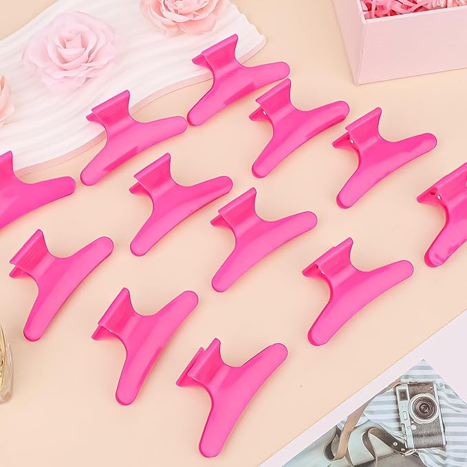 Hair Clips for Styling Sectioning 12 Pack Hot Pink Butterfly Clamps Hair Claw Clips Pro Salon Hair Clips for Styling, Sectioning, Cutting and Coloring