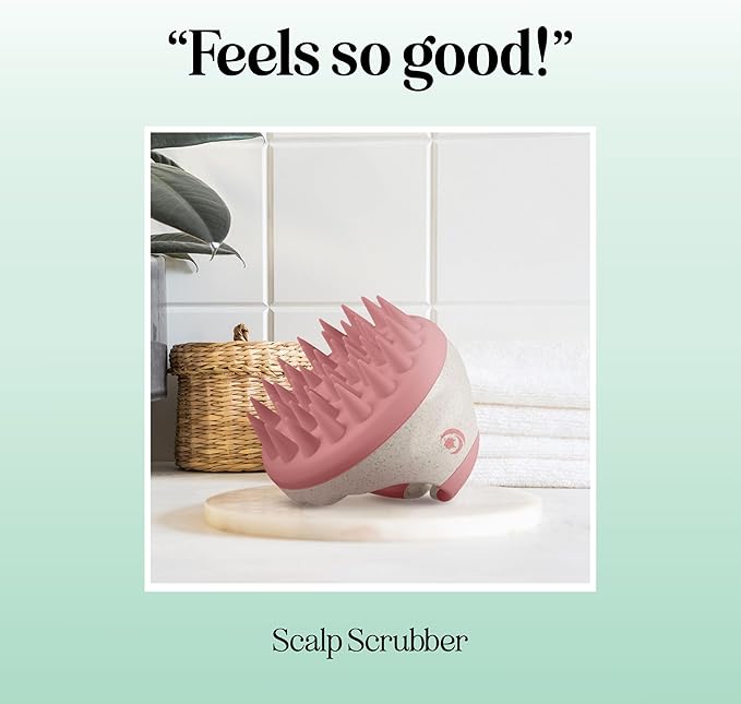 Hair Shampoo Brush and Scalp Exfoliator - Soft Silicone Scalp Massager Hair Growth Stimulator for Wet or Dry Hair - In Shower Scalp Scrubber for Dandruff Removal Made with Recycled Wheat Straw - Pink