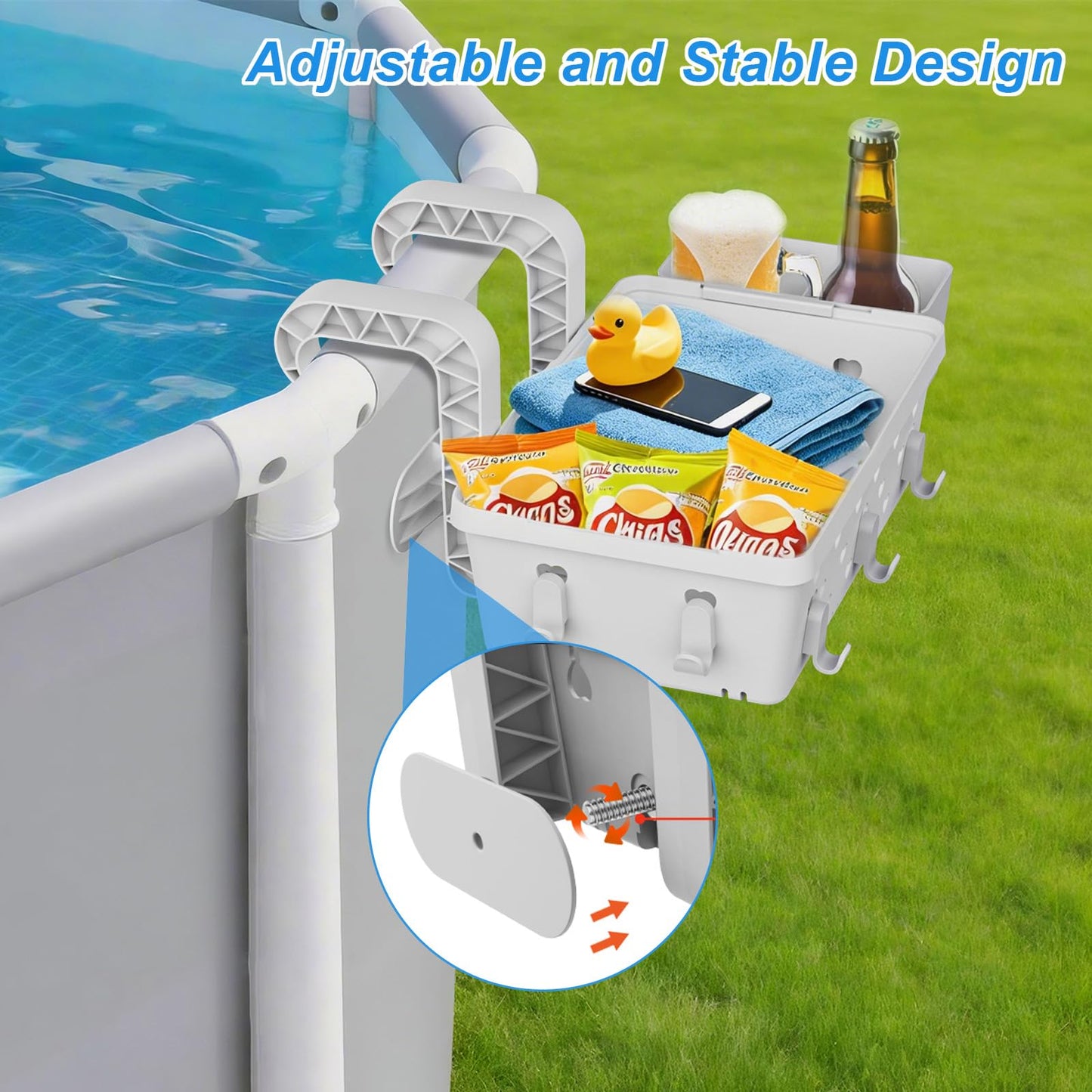 IZCUZK 2 Pack Poolside Storage Basket for Above Ground Pool, Hanging Pool Storage Organizer with Cup Holder & Hooks, Pool Accessories Organizer for Towels, Goggles, Toys (Grey)