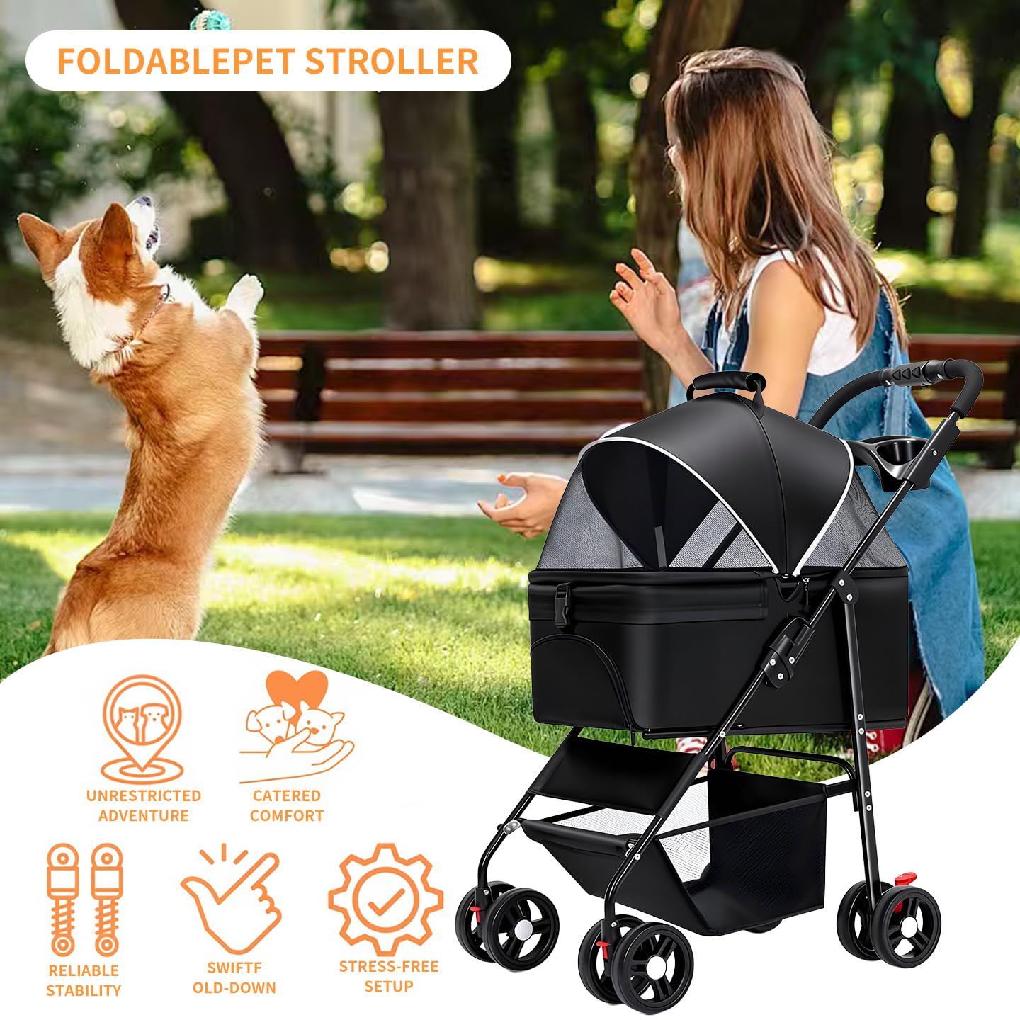 3-in-1 Dog Strollers for Small/Medium Dogs Cats,4 Wheels Pet Stroller,Detachable Carrier Basket,Breathable Mesh,Storage Basket,Cup Holder,Weather Cover,Black