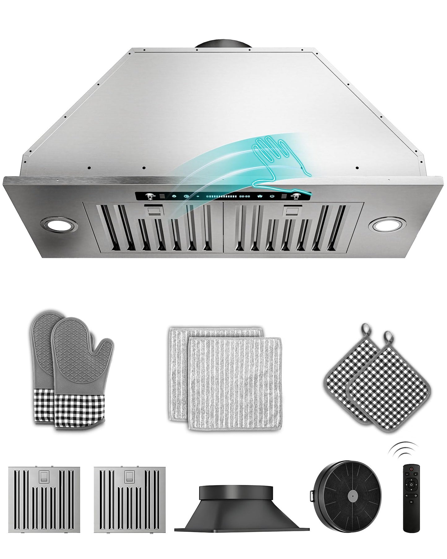FlyPine 30 inch Stainless Steel Insert Range Hood - 900 CFM, Gesture Control, Ultra-Quiet 4-Speed Vent, LED Lights, Ducted/Ductless Convertible