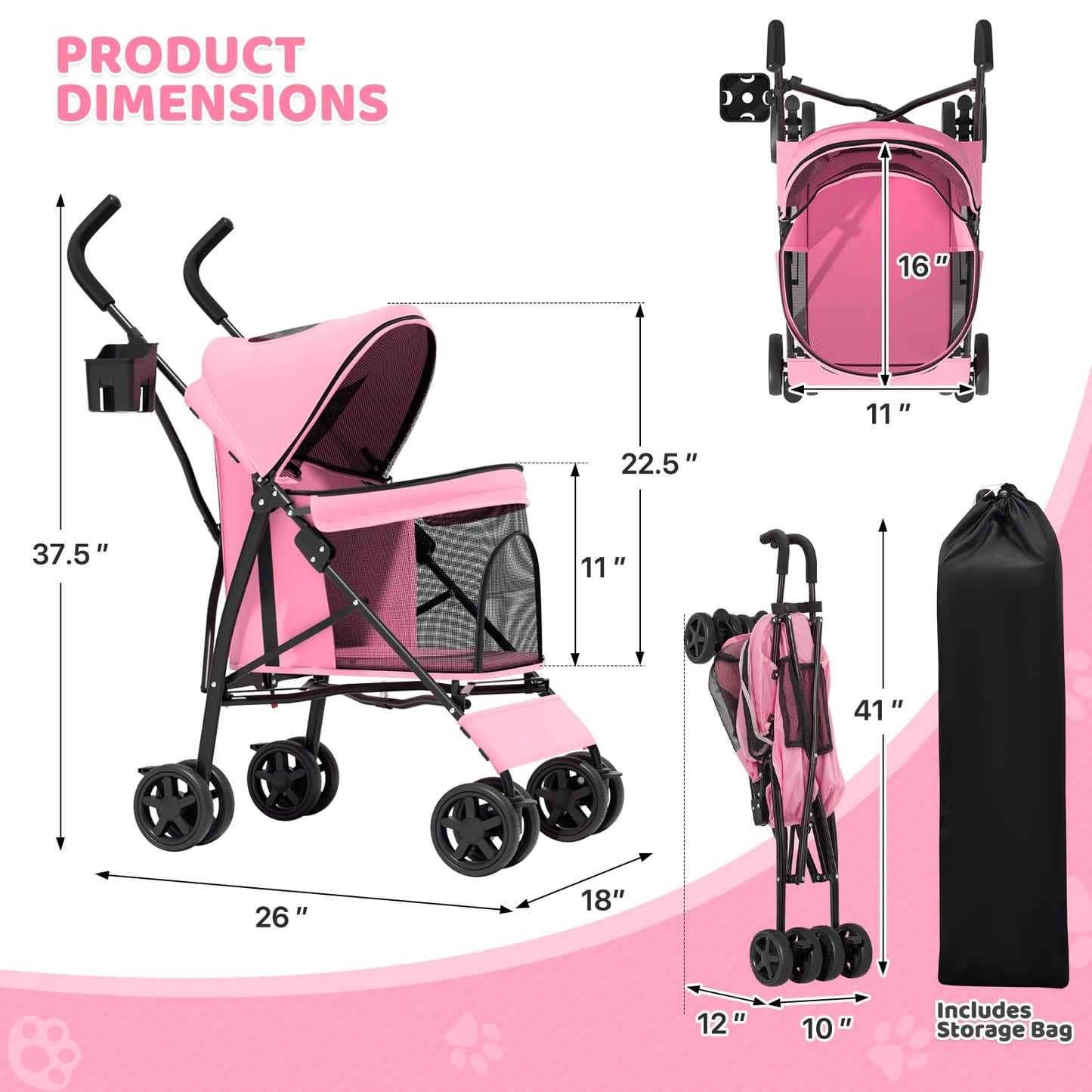 Magshion Compact Pet Stroller for Small-Medium Dogs/Cats up to 22lbs, 4-Wheel Lightweight Umbrella Shaped Portable Puppy Travel Jogger with Breathable Mesh, Cup Holder & Rear Storage, Pink