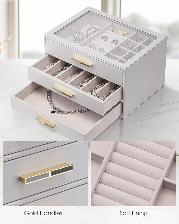 Vlando Jewelry Box for Women, Glass Lid Jewelry Organizer with 3 Drawers for Necklaces Rings Earrings Bracelets - Grey