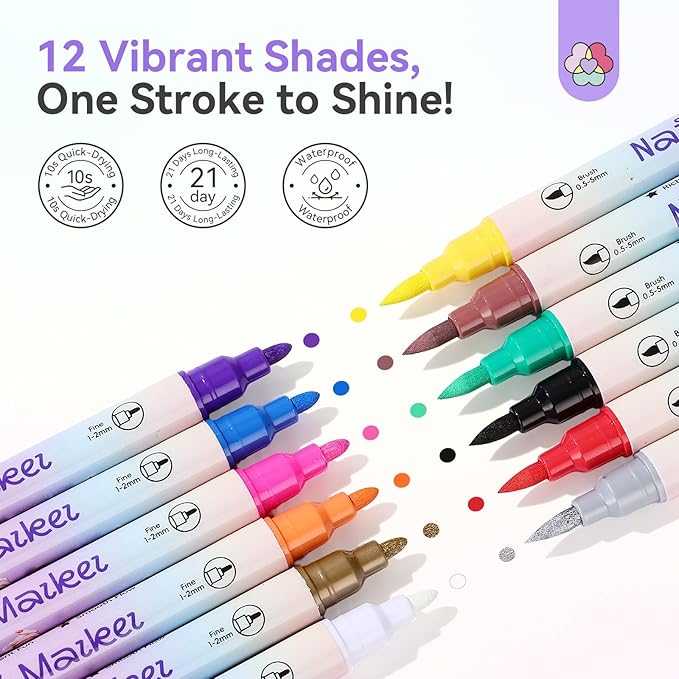 SAVILAND 12 Colors Nail Polish Pens Set: 20s Quick-Drying Dual-Tip Acrylic Paint Nail Art Pens Fine Tip for Painting Nails, Drawing Dots, Lines & Designs, Home DIY Nail Art Supplies