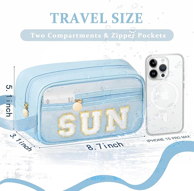 COSHAYSOO Clear Sunscreen Bag Makeup Toiletries Pouch Beach Vacation Essentials Summer Travel Stuff Accessories Personalized Graduation Gifts for Her Women College Teen Girls Teacher Nurse Blue SUN