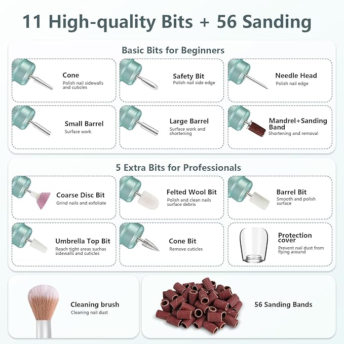 Cordless Nail Drill Electric Rechargeable File Kit, Professional Efile Acrylic Gel Nail Polish Remover Pedicure Manicure Machine Portable Set with 11 Bits 56 Sanding Bands for Salon Mint Green