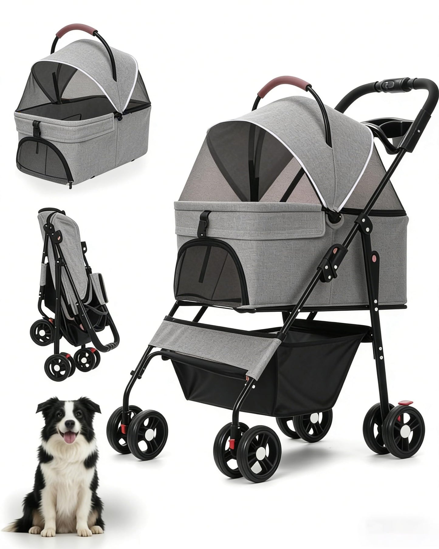 Pet Stroller with Removable Carrier, 35lbs Capacity - One-Click Foldable Dog Stroller, Cat Carrier & All-Terrain Wheels, Compact Travel Pet Stroller for Small to Medium Pets-Gray