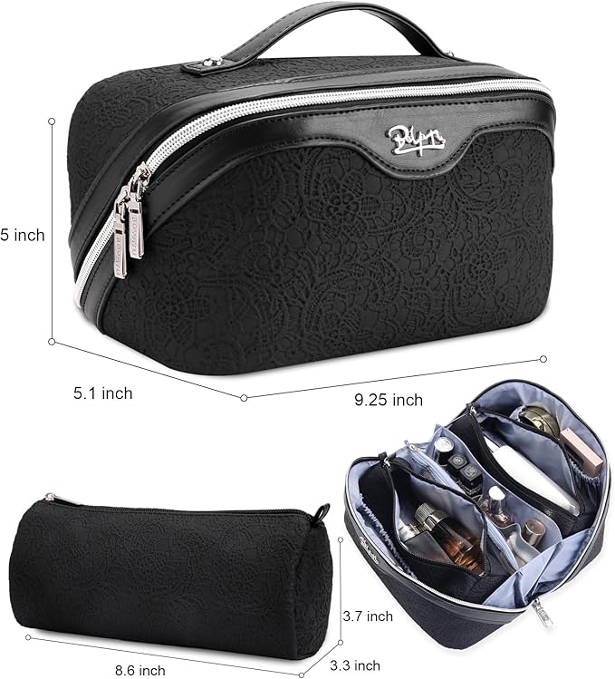 BOYATU Travel Makeup Bags Cosmetic Organizer Bag: 3-Set Large Capacity Make up Bag - PU Leather Toiletry Bags for Women - Wide Open Portable Pouch with Divider & Handle (A-Black)