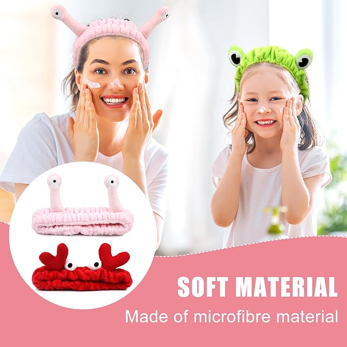 4 Pack Face Wash Headband Facial Makeup Skincare Headbands, Elastic Coral Fleece Spa Hairband for Washing Face, Cartoon Fun Frog Snail Crab Hair Accessories