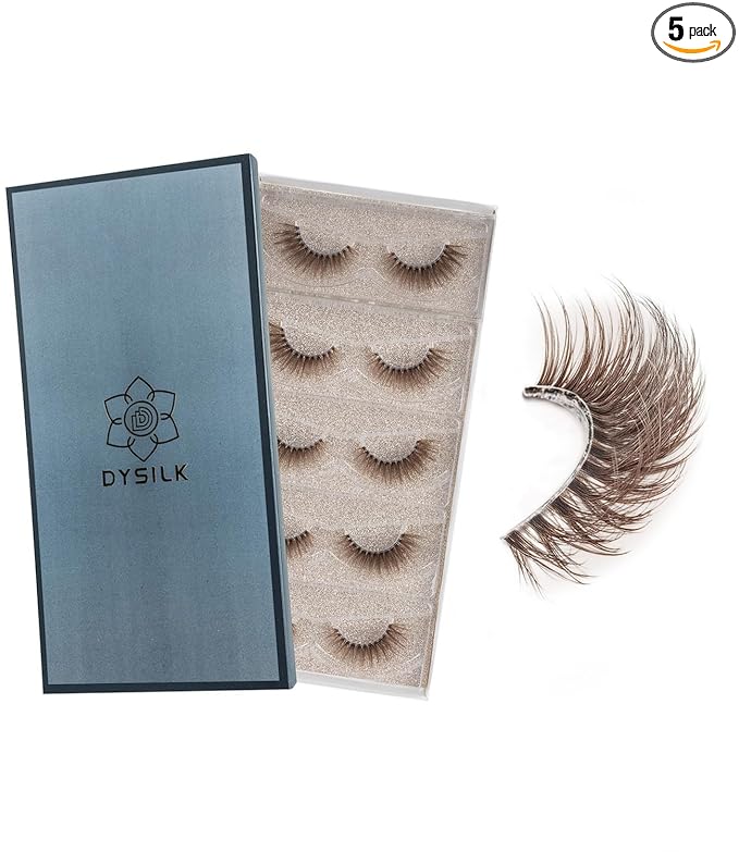DYSILK Brown Wispy Lashes 5 Pairs, 16mm Cat Eye Eyelashes Natural & Fluffy, Faux Mink Lashes with Ultra Thin Invisible Band for Everyday Luxury, Reusable & Beginner-Friendly (Brown-01)