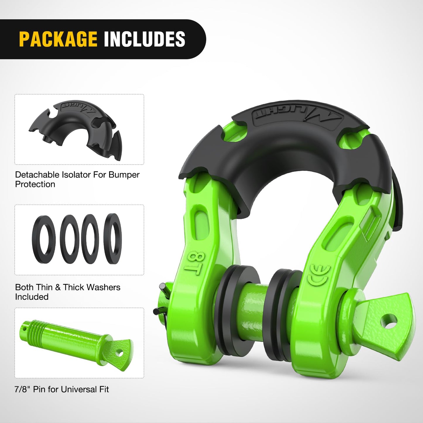 Nilight Heavy Duty Mega D-Ring Shackles(2 Pack) 68,000 lb Break Strength(17,000 lb WLL) w/ 7/8″ Screw Pin & Washers, Forged Steel Off-Road Recovery Shackles for Tow Strap & Winch Gear, Green