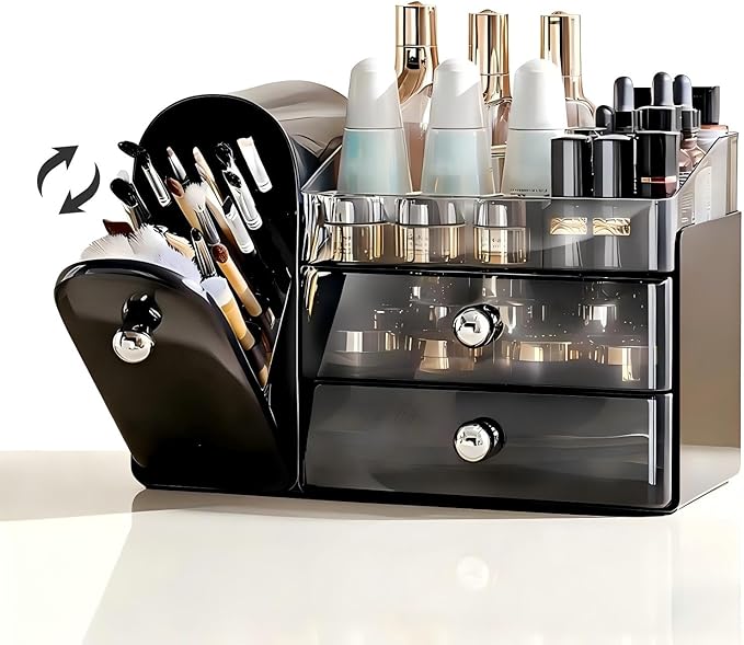 Makeup Organizer for Vanity with Covered Brush HolderÃ¯Â¼ÂBathroom Organizers with DrawerÃ¯Â¼ÂSkin Care OrganizerÃ¯Â¼ÂMakeup Organizers for Vanity with DrawerÃ¯Â¼ÂLarge Makeup Storage for Dresser, Black