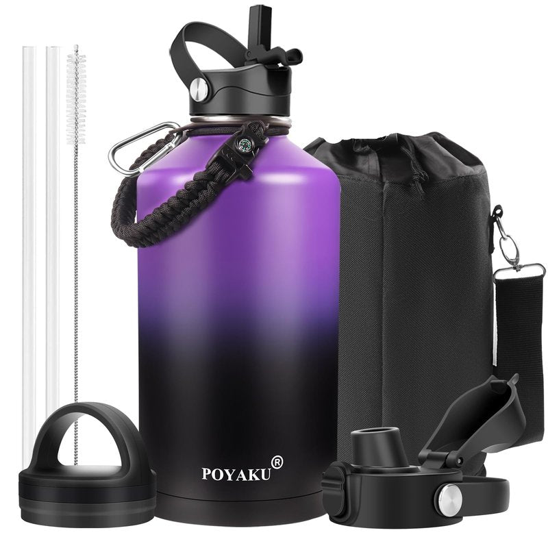 Water Bottle Insulated 32oz 40oz 64oz 128oz Straw Lid Spout Lid & 3 Lids, Leak Proof, Vacuum Insulated,Stainless Steel Water Bottle Wide Mouth for Sports, Gym or Office (Purple Black, 128 oz)