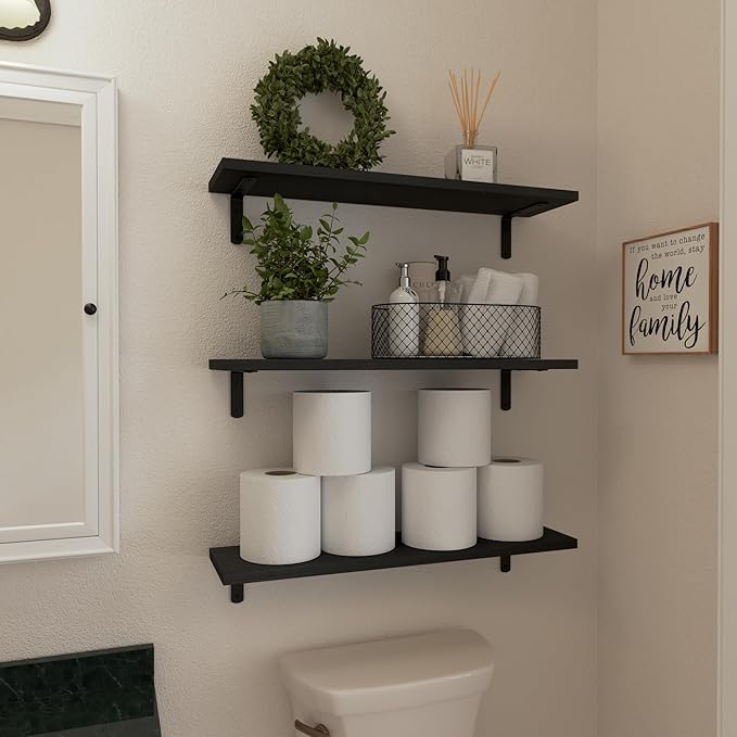 WOPITUES Wood Floating Shelves Set of 6, 24 inch Long Floating Shelves for Wall Decor, Farmhouse Shelf for Bedroom, Bathroom Storage Shelves, Book Shelves for Living Room - Black