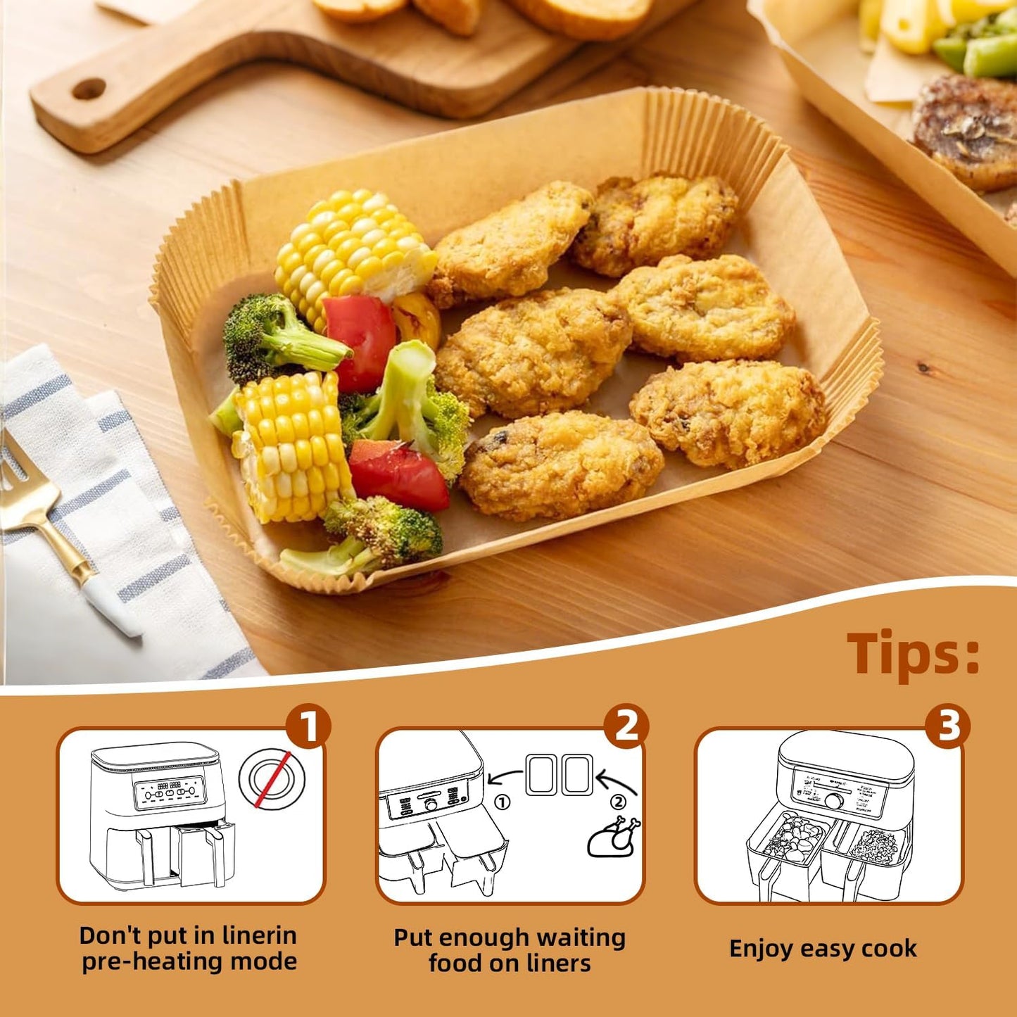 HONYAO Air Fryer Paper Liners for Dual Zone Airfryer, 200pcs 8.1x5.5 inch Rectangle Disposable Inserts for Ninja Foodi DZ201 DZ401 DZ550 other 8-10 qt 2-Basket Air Fryers, Food Grade BPA Free