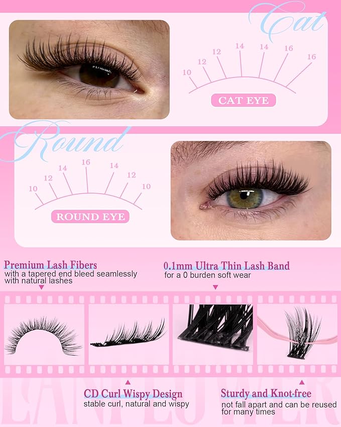 Wispy Lash Clusters Kit Natural Eyelash Clusters 10-16mm Lash Extension Kit CD Curl Lashes Clusters Thin Band Cluster Eyelash Extensions Kit Manga Cluster Lashes by Lanflower