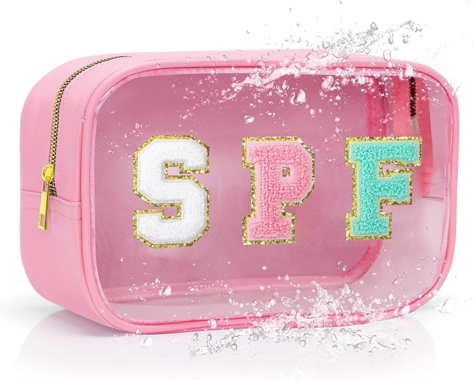 Clear Makeup Bag,Waterproof Sunscreen Bag with Letter Patches,Travel Beach Pool Bag,Personalized Travel Toiletry Cosmetic Bags Gifts For Girl Women Mom Teacher Nurse (Pink-SPF)