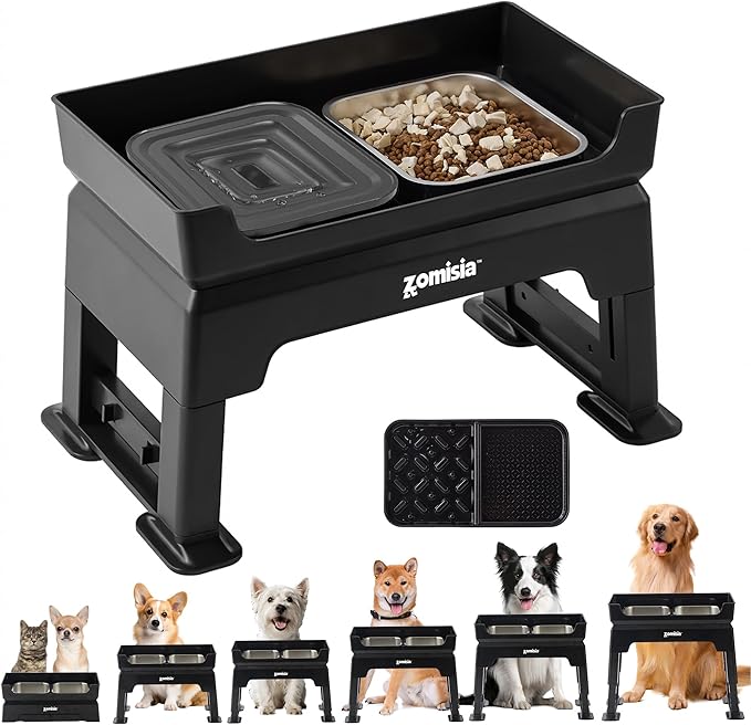 3-in-1 Elevated Dog Bowls Dual Layer - Mess Proof 6 Heights Adjustable Raised Dog Bowl Stand 6"-16", with 2L No Spill Stainless Steel Water Bowls, Slow Feeder Plate for Medium, Large Pets