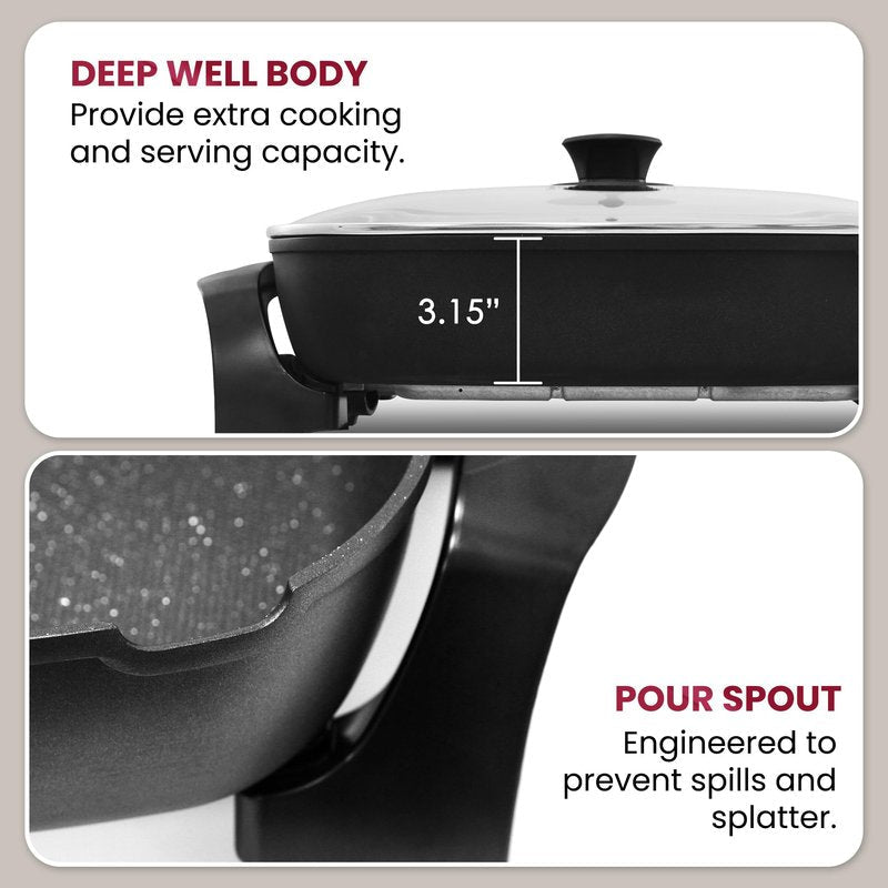Elite Gourmet EG-6203# Extra Deep 16"x13" (10.5 Qt.) Non-Stick Electric Skillet with Glass Vented Lid & Pour Spout | Dishwasher Safe, Long-Lasting Non-Stick, 200-400°F | Serves 6-8, Black