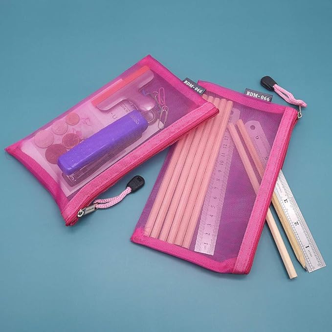 HRX Package Nylon Mesh Makeup Bags with Zipper, 6PCS Cosmetic Pouches Travel Organizer Case Hot Pink for Purse Diaper Bag (A5 x 3pcs, A6 x 3pcs)