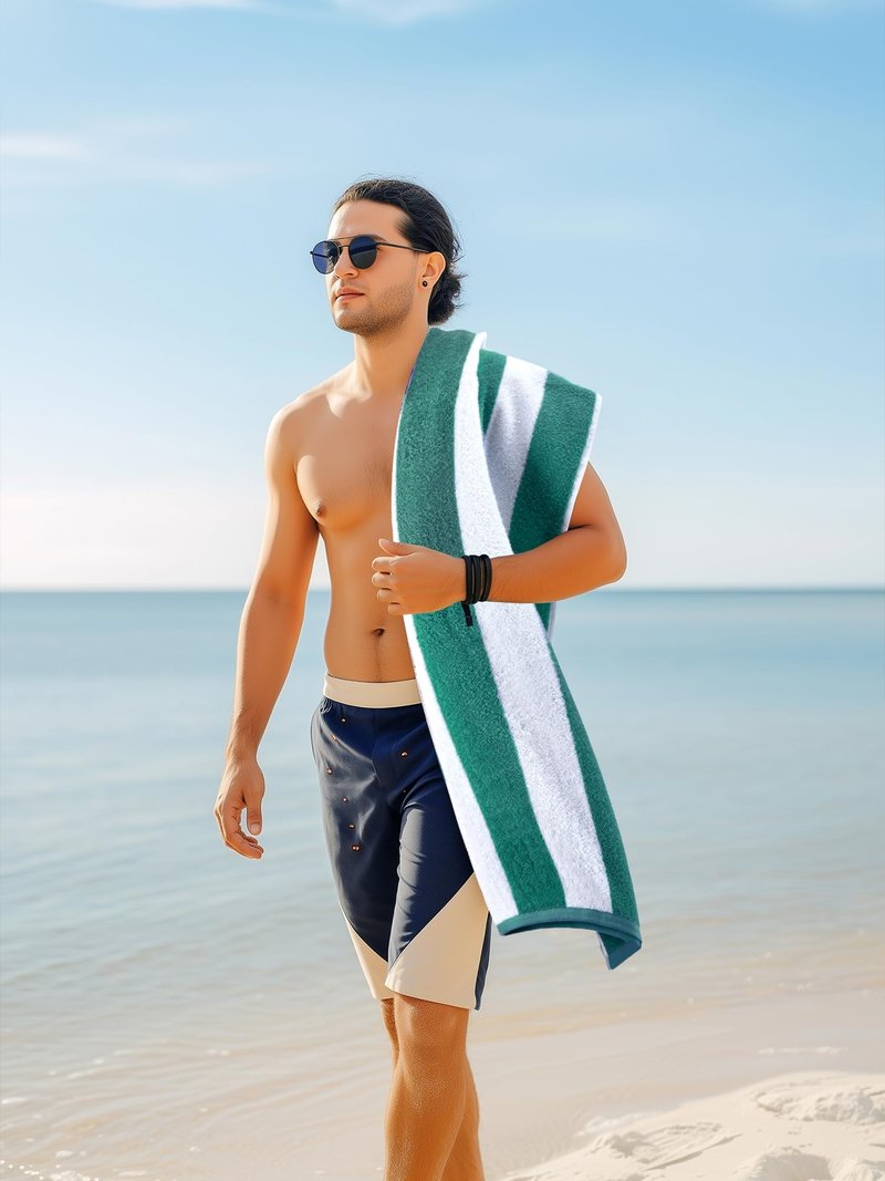 Utopia Towels Pack of 4 Cabana Beach Towels, Oversized 30 x 60 Inches Cotton Beach Towel Set, Smooth Ring Spun Texture for Pool and Swim Days, Modern Striped Design Bath Towels Green