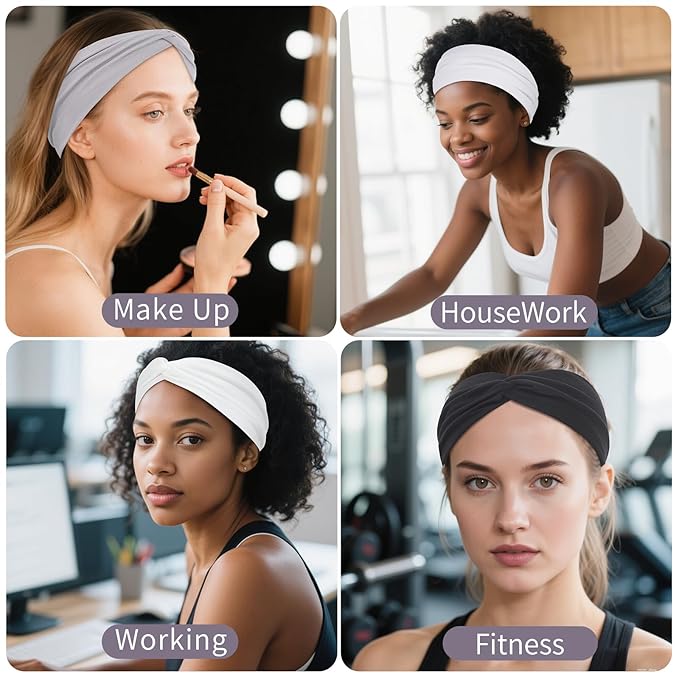 12 Pcs Stretchy Headbands for Women, Absorbed Sport Headband Soft Twist Knotted Hairbands for Daily Life Yoga Workout(Black/Grey/White)