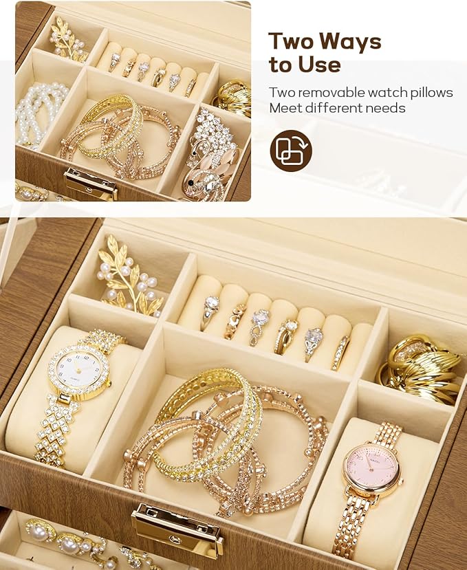 Homde Synthetic Leather Huge Jewelry Box Mirrored Watch Organizer Necklace Ring Earring Storage Lockable Gift Case (Brown + Gold)