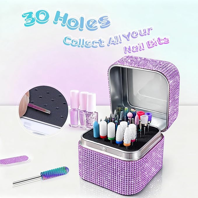 Nail Drill Bit Holder, Dustproof Rhinestones Drill Bit Organizer Case 30 Holes Efile Nail Tech Bits Storage Container Box Manicure Tools E file Accessories Collector for Salon, Travel, Home(Only Box)
