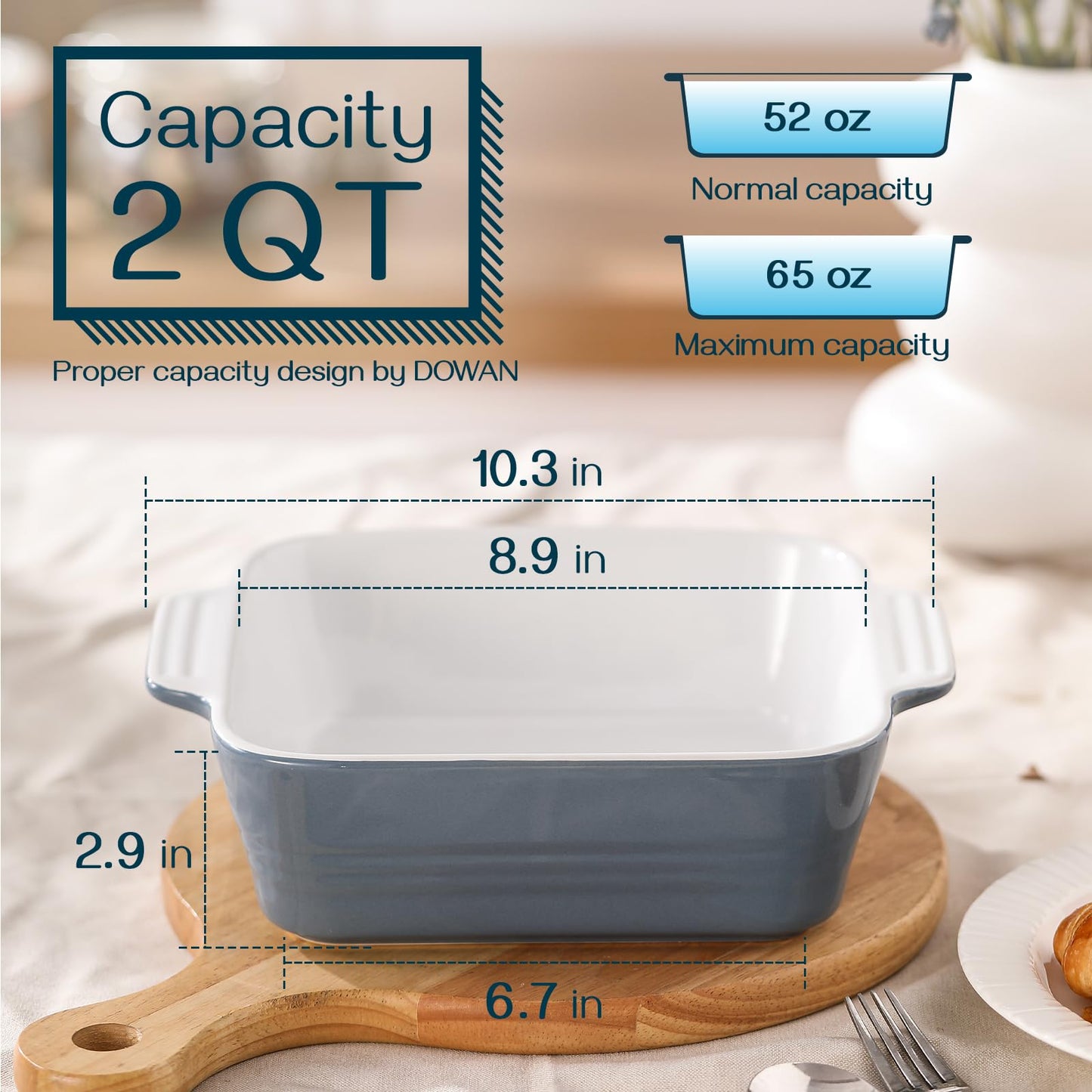 DOWAN 8x8 Baking dish, Square Baking Pan, Ceramic Casserole Dishes for Oven, Cake Pan with Handle, for Brownie, Lasagna, Casserole, 2 Quart, Home Gift, Airy Blue