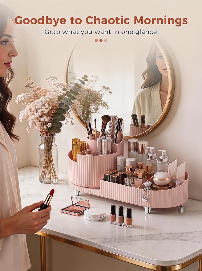 Booklov Rotating Makeup Caddy Organizer for Vanity, Large Capacity Cosmetic Display Case, Countertop Beauty Storage Holder for Skincare, Brush Eyeshadow Lipstick, Counter Desk Organization, Pink