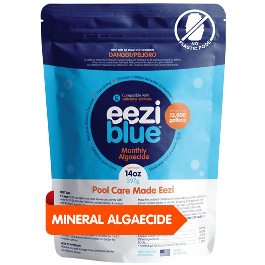 Eeziblue Monthly Algaecide for Swimming Pool — Patented Zn-Cu Synergy™, Treats Green, Black & Mustard Algae, Inground & Above Ground Pools, Up to 13,000 Gallons, Pre-Measured Dose
