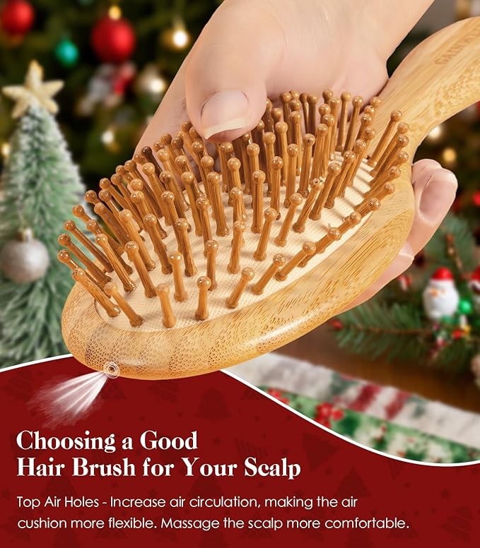 Bamboo Hair Brush for Christmas, Natural Bamboo Bristles Detangling Wooden Paddle Hairbrush for Massaging Scalp, for Women Men and Kids, for All Hair Types, with Ergonomic Handle