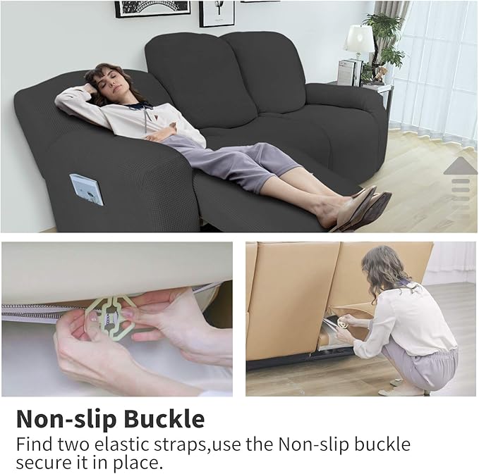 Easy-Going 6 Pieces RV Recliner Loveseat Stretch Sofa Slipcover Sofa Cover Furniture Protector Couch Soft with Elastic Bottom Kids, Spandex Jacquard Fabric Small Checks Dark Gray