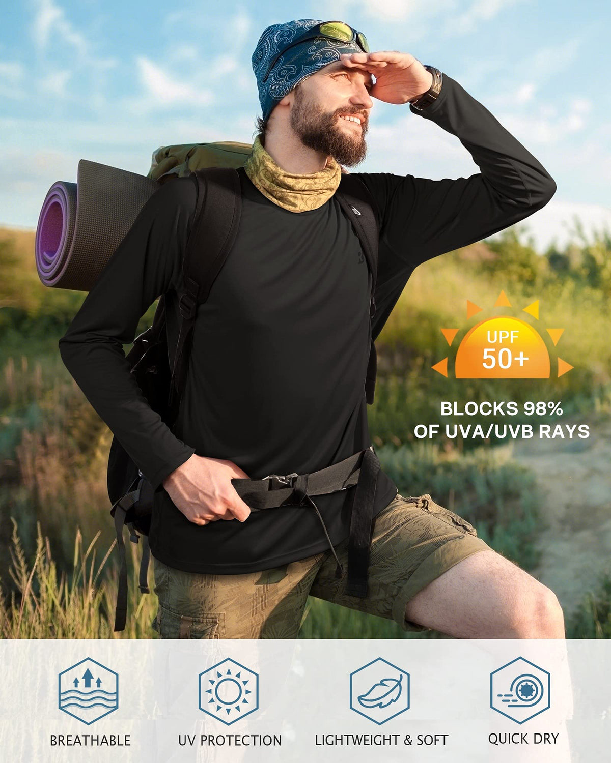 Roadbox Men's 2 Pack UV Sun Protection SPF UPF 50+ Long Sleeve Quick Dry Fishing Shirts Outdoor Rash Guard for Running Hiking Swimming