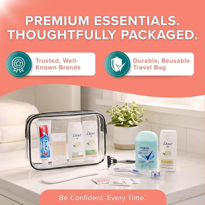 TrekTote Womens Bulk Travel Hygiene Kits 12 Piece, Travel Size Toiletries Set with Cosmetic Bag, Bulk Case Pack Pre Assembled Care Kits