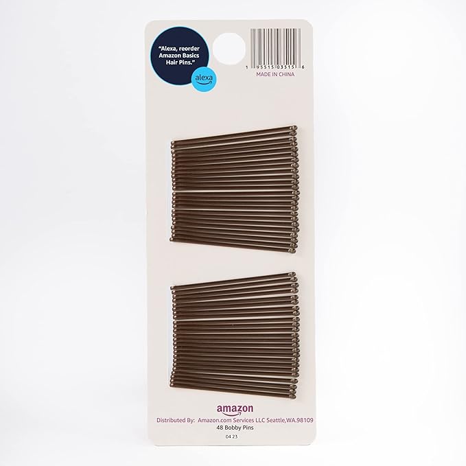 Amazon Basics No Slip Bobby Pins for All Hair Types, Secure Hold Hair Pins for Updos, Brunette Brown, 48 Count