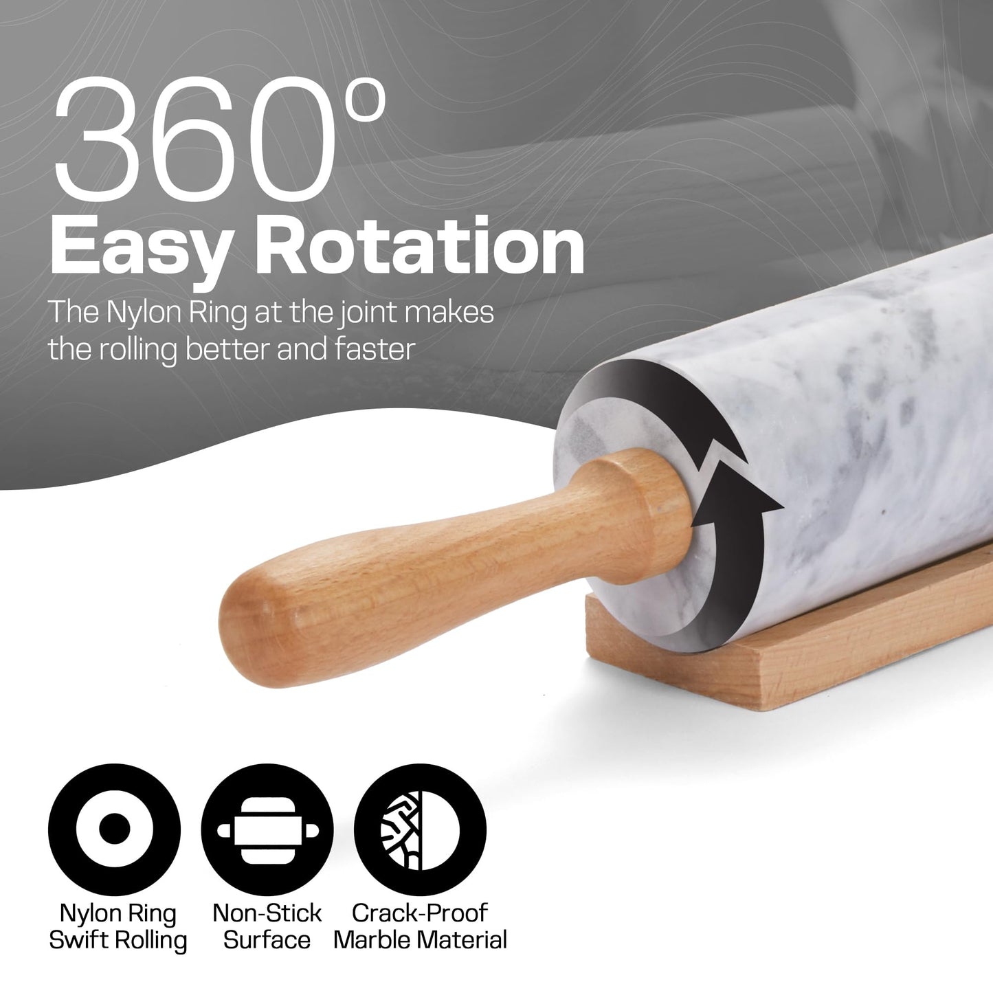 17 Inch Marble Rolling Pin with Wooden Handles & Wood Cradle, Dough Roller for Baking Pizza, Pies, Pastries, Pasta, Cookies