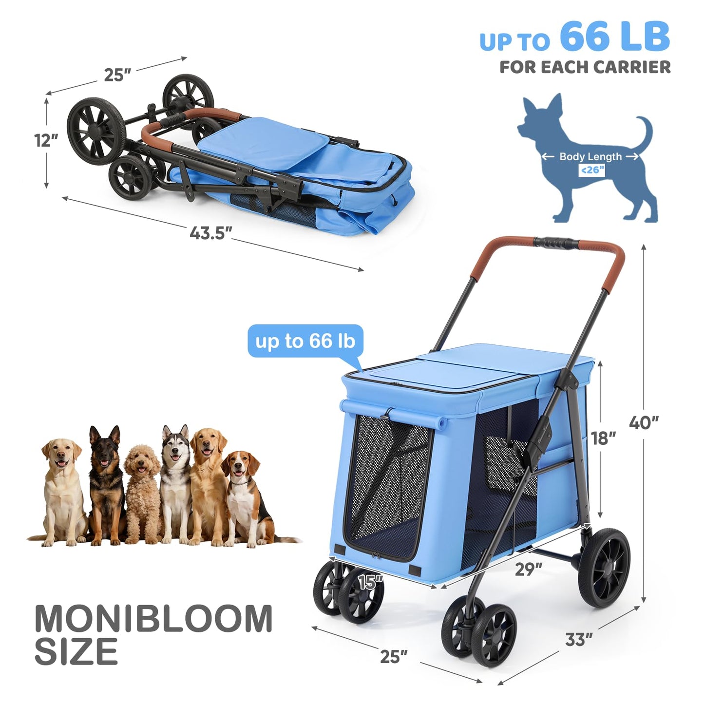 MoNiBloom Pet Stroller for Medium to Large Dogs up to 66lb, One-Button Fold System, Breathable Mesh Top & Sides, Portable Dog Wagon for Outdoor