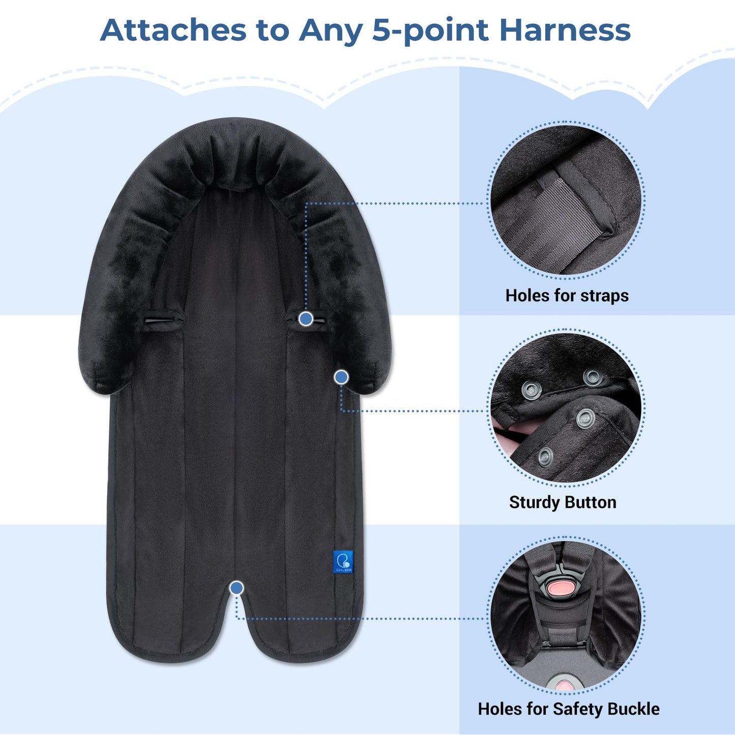 COOLBEBE New 2-in-1 Babybody Supports for Baby Newborn Infants - Extra Soft Stroller Cushion Pads Car Seat Insert, Seasons, Black