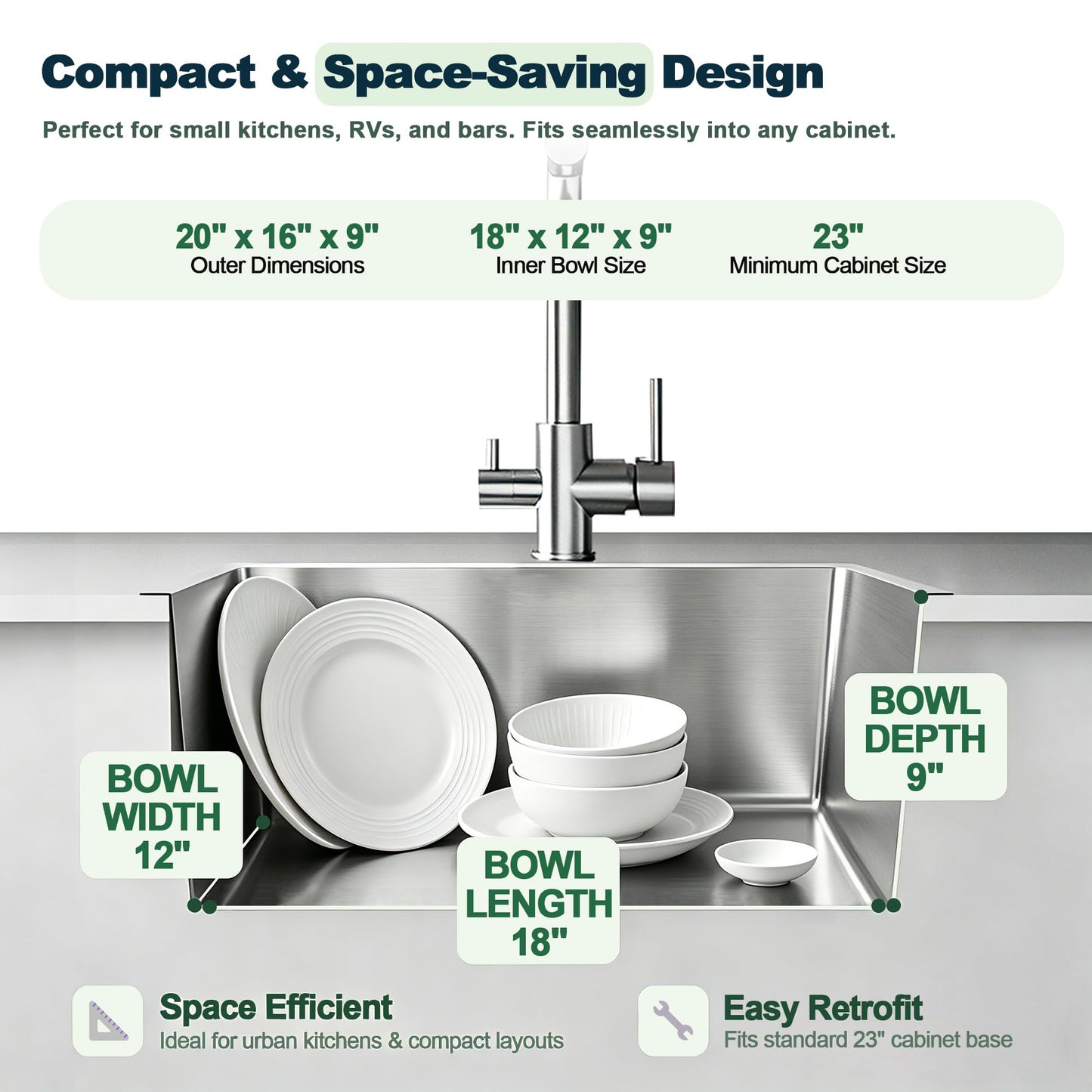 OUGOO 20x16x9 Inch Drop in Kitchen Sink, Handmade 304 Stainless Steel Single Bowl with 2 Holes, R10 Tight Radius, Topmount Installation, for Modern Kitchen/RV Sink, Brushed