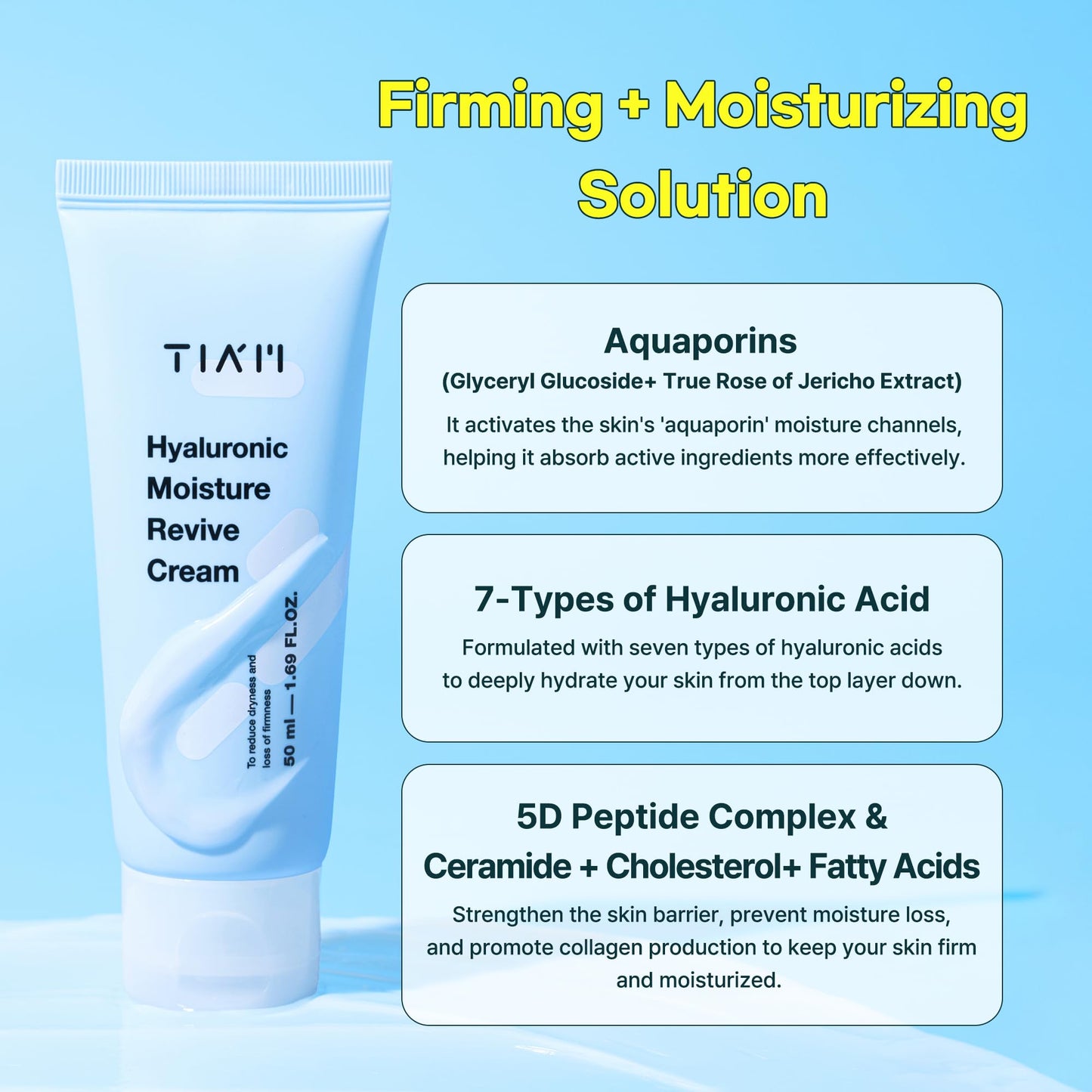 TIA'M TIAM Hyaluronic Moisture Revive Cream, 1.69 fl oz, Peptide & Ceramide Facial Moisturizer for Long-Lasting Hydration and Firming, Perfect for Dry and Dehydrated Skin, Korean Skin Care