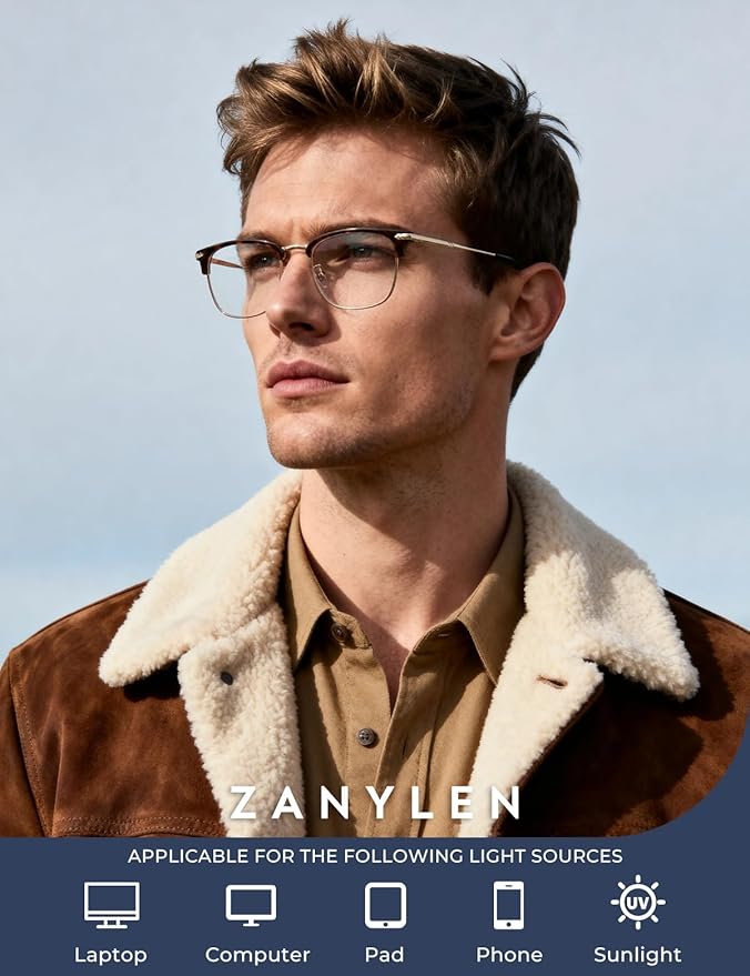 ZanyLen Blue Blocker Glasses for Men Metal Browline Computer Gaming Glasses Filter Blue Ray