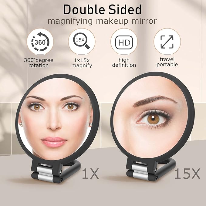 Magnifying Handheld Mirror Double Sided, 1X 15X Magnification Hand Mirrors, Travel Folding Hand Held Mirror, 360°Rotation Pedestal Makeup Vanity Mirror