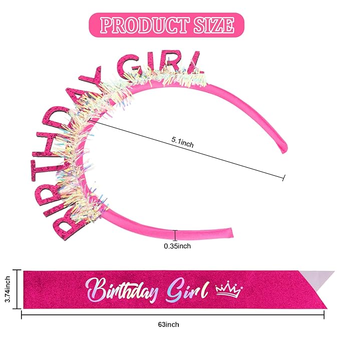 CIEHER Rose Pink Birthday Girl Headband & Birthday Sash for Women Girls Decorations & Party Favors