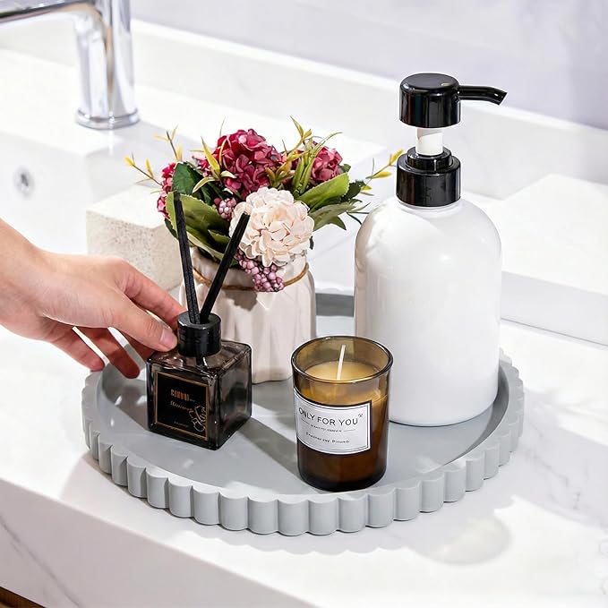 HighHerz Silicone Bathroom Countertop and Vanity Tray, Round Silicone Bathroom Tray, Modern Bathroom Decor, Coffee Table Decor, Decorative Tray for Candle, Perfume, Plants (Grey, 9 inch)