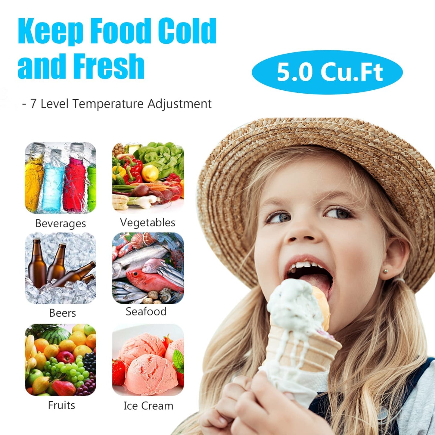 5.0 Cubic Feet Deep Chest Freezer Compact Freezers with Adjustable Thermostat Top Open Door Freezer Compressor Cooling with Rmovable Storage Basket for Home Kitchen Office and Bar (Black)