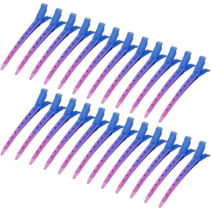 24 Packs Duck Bill Clips, Bantoye 3.35 Inches Rustproof Metal Alligator Curl Clips with Holes for Hair Styling, Hair Coloring, Gradient Deep Blue