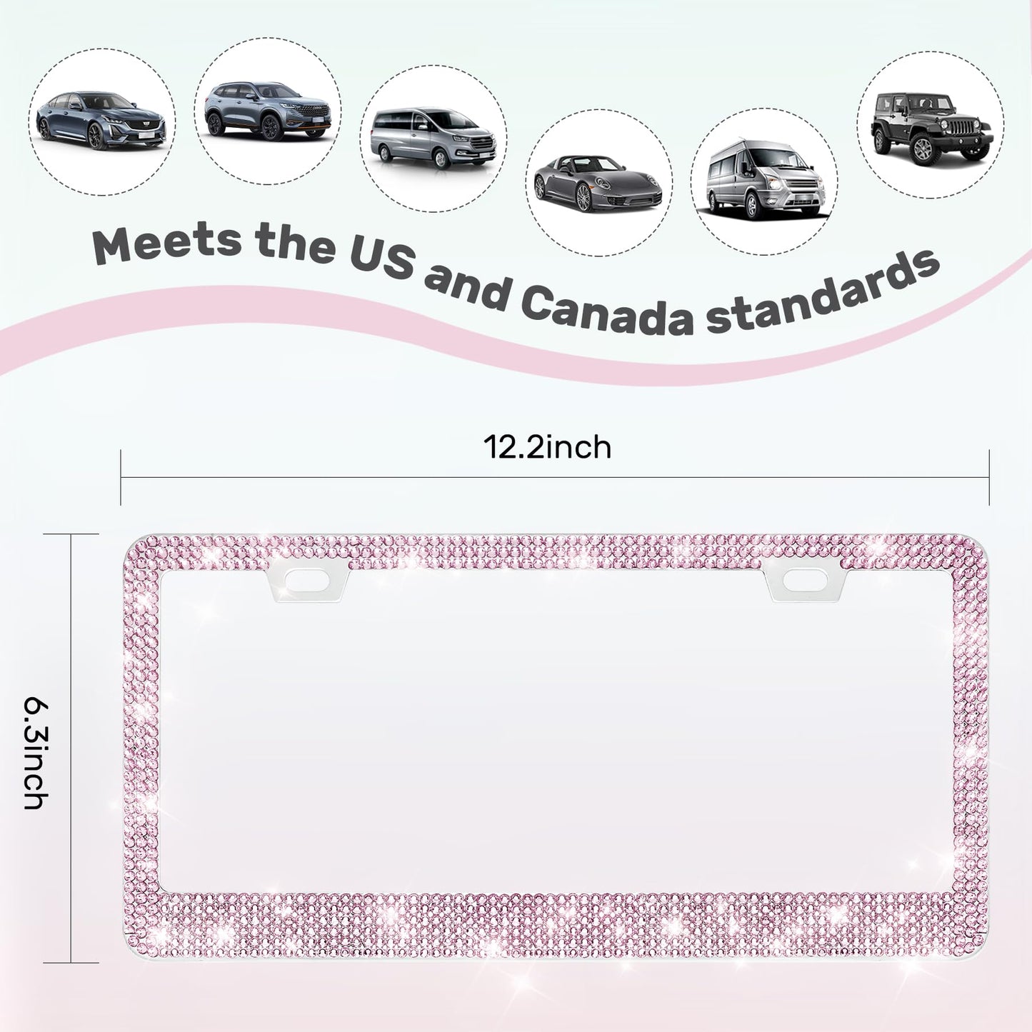QUANQIUFEI 2 Pack Bling License Plate Frames, Sparkly Rhinestone Diamond Car License Plate Cover for Women, Stainless Steel Car Accessories with Glitter Crystal Caps (Light Rose)
